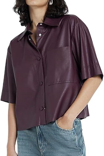 Women Short Sleeve Sanp Button Lapel Collar Leather Shirt Jacket 2