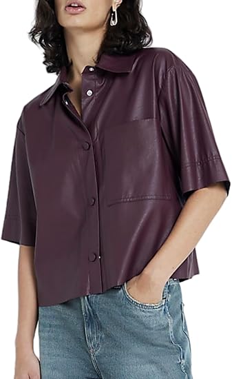 Women Short Sleeve Sanp Button Lapel Collar Leather Shirt Jacket 2