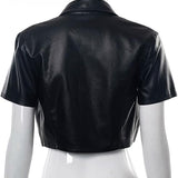 Women's PU Leather Button Down Short Sleeve Crop Top Collar Blouse Shirt