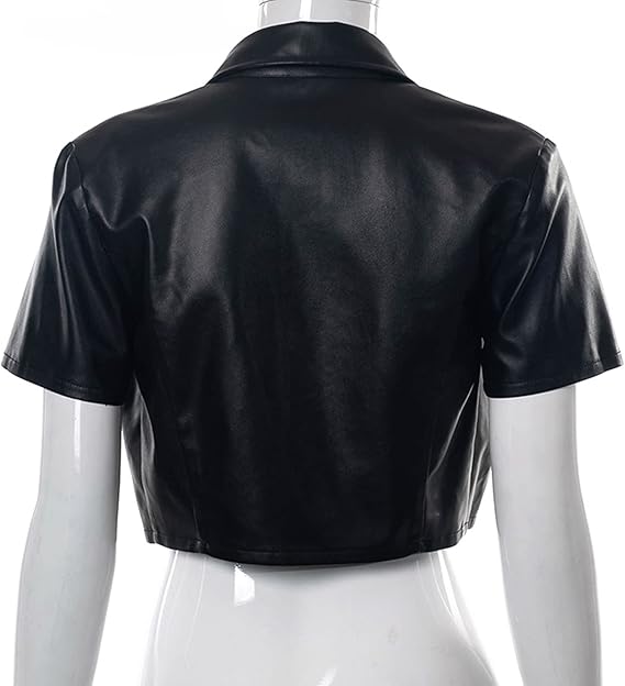 Women's PU Leather Button Down Short Sleeve Crop Top Collar Blouse Shirt 4