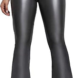Women's Faux Leather Coated Flare Mid Waist Bell Bottom Pants with Pockets