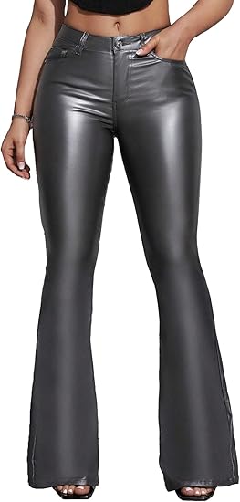 Women's Faux Leather Coated Flare Mid Waist Bell Bottom Pants with Pockets 6