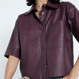 Women Short Sleeve Sanp Button Lapel Collar Leather Shirt Jacket