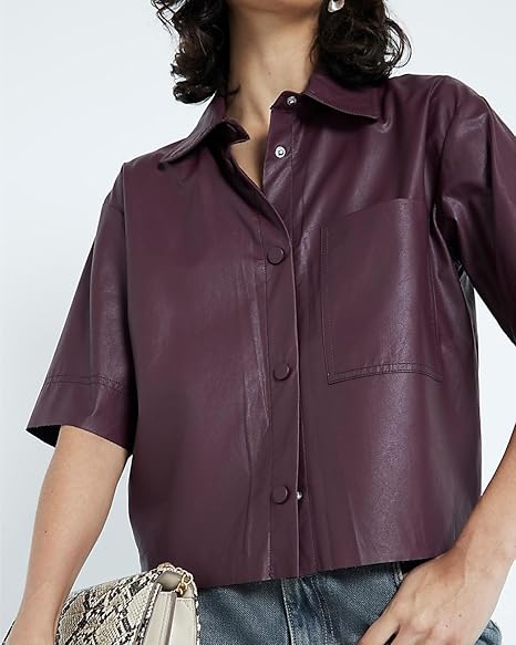 Women Short Sleeve Sanp Button Lapel Collar Leather Shirt Jacket 3