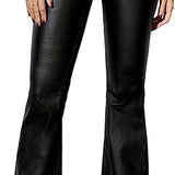 Women's Faux Leather Coated Flare Mid Waist Bell Bottom Pants with Pockets