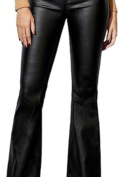 Women's Faux Leather Coated Flare Mid Waist Bell Bottom Pants with Pockets 1