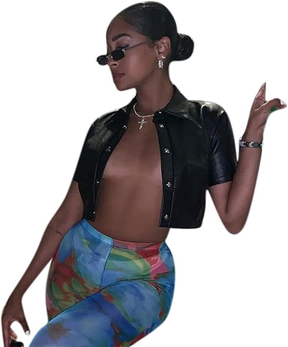 Women's PU Leather Button Down Short Sleeve Crop Top Collar Blouse Shirt