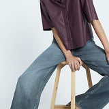 Women Short Sleeve Sanp Button Lapel Collar Leather Shirt Jacket