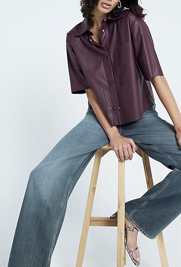 Women Short Sleeve Sanp Button Lapel Collar Leather Shirt Jacket