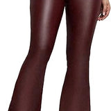 Women's Faux Leather Coated Flare Mid Waist Bell Bottom Pants with Pockets
