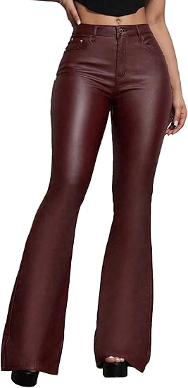 Women's Faux Leather Coated Flare Mid Waist Bell Bottom Pants with Pockets 3