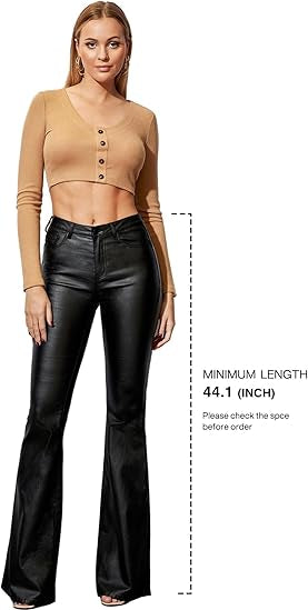 Women's Faux Leather Coated Flare Mid Waist Bell Bottom Pants with Pockets 11
