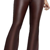 Women's Faux Leather Coated Flare Mid Waist Bell Bottom Pants with Pockets
