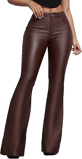 Women's Faux Leather Coated Flare Mid Waist Bell Bottom Pants with Pockets 5