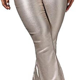 Women's Faux Leather Coated Flare Mid Waist Bell Bottom Pants with Pockets