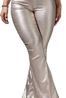 Women's Faux Leather Coated Flare Mid Waist Bell Bottom Pants with Pockets 2