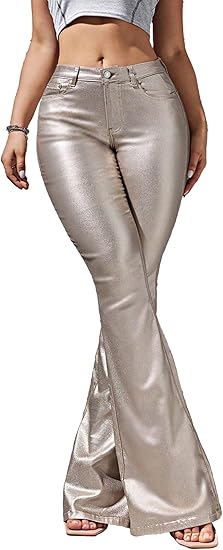 Women's Faux Leather Coated Flare Mid Waist Bell Bottom Pants with Pockets 2