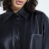 Women Short Sleeve Sanp Button Lapel Collar Leather Shirt Jacket