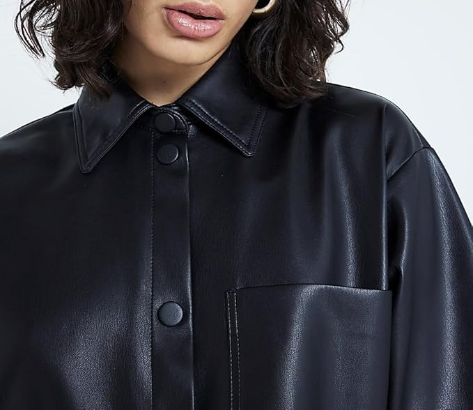 Women Short Sleeve Sanp Button Lapel Collar Leather Shirt Jacket 7