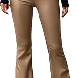 Women's Faux Leather Coated Flare Mid Waist Bell Bottom Pants with Pockets