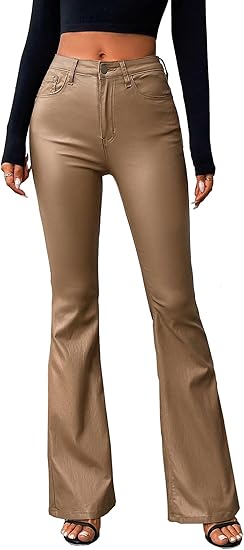 Women's Faux Leather Coated Flare Mid Waist Bell Bottom Pants with Pockets 4