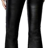 Women's Faux Leather Coated Flare Mid Waist Bell Bottom Pants with Pockets