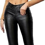 Women's Faux Leather Coated Flare Mid Waist Bell Bottom Pants with Pockets