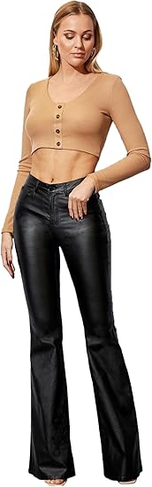 Women's Faux Leather Coated Flare Mid Waist Bell Bottom Pants with Pockets 10