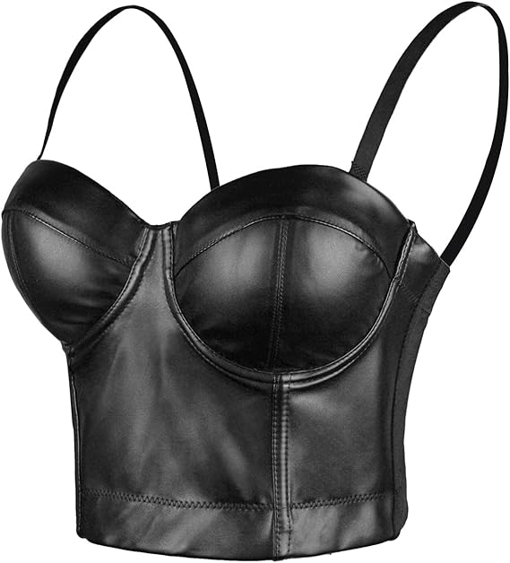 Women Black PU Leather Bustier Crop Top Gothic Punk Push Up Corset Top Bra