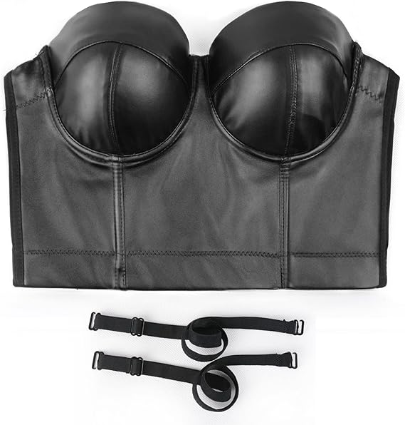 Women Black PU Leather Bustier Crop Top Gothic Punk Push Up Corset Top Bra 3