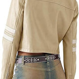 Women’s Faux Leather Jackets Zip Up Stand Collar Cropped Motocross PU Coats