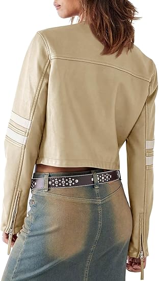 Women’s Faux Leather Jackets Zip Up Stand Collar Cropped Motocross PU Coats 9