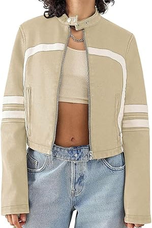 Women’s Faux Leather Jackets Zip Up Stand Collar Cropped Motocross PU Coats 1