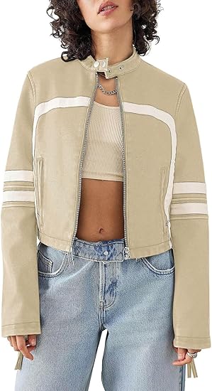 Women’s Faux Leather Jackets Zip Up Stand Collar Cropped Motocross PU Coats