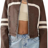 Women’s Faux Leather Jackets Zip Up Stand Collar Cropped Motocross PU Coats