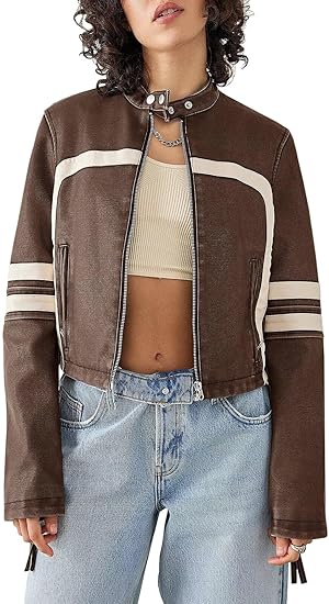 Women’s Faux Leather Jackets Zip Up Stand Collar Cropped Motocross PU Coats 3