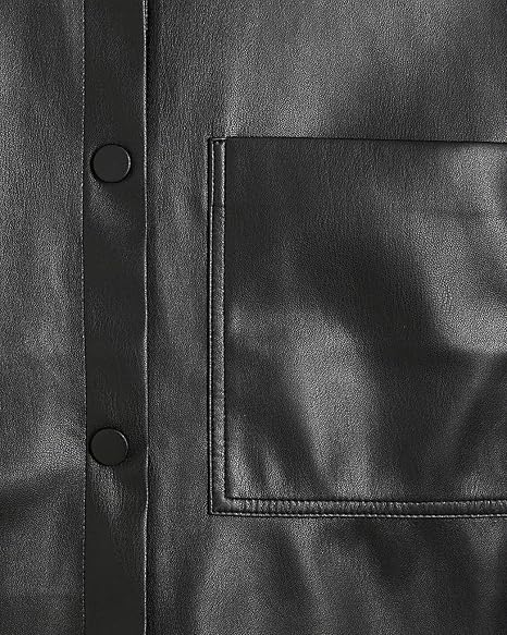 Women Short Sleeve Sanp Button Lapel Collar Leather Shirt Jacket 8