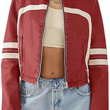 Women’s Faux Leather Jackets Zip Up Stand Collar Cropped Motocross PU Coats