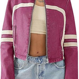 Women’s Faux Leather Jackets Zip Up Stand Collar Cropped Motocross PU Coats
