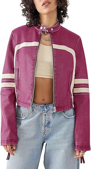 Women’s Faux Leather Jackets Zip Up Stand Collar Cropped Motocross PU Coats 6