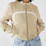 Women’s Faux Leather Jackets Zip Up Stand Collar Cropped Motocross PU Coats