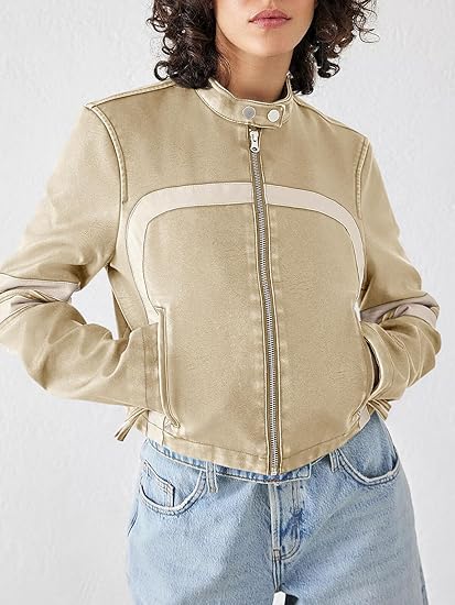 Women’s Faux Leather Jackets Zip Up Stand Collar Cropped Motocross PU Coats 10
