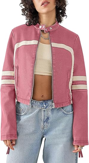 Women’s Faux Leather Jackets Zip Up Stand Collar Cropped Motocross PU Coats 5