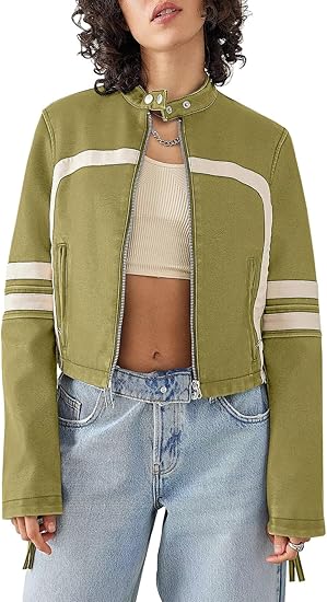 Women’s Faux Leather Jackets Zip Up Stand Collar Cropped Motocross PU Coats 4