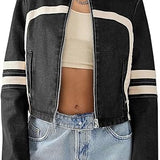 Women’s Faux Leather Jackets Zip Up Stand Collar Cropped Motocross PU Coats