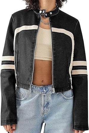 Women’s Faux Leather Jackets Zip Up Stand Collar Cropped Motocross PU Coats 2