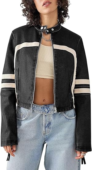 Women’s Faux Leather Jackets Zip Up Stand Collar Cropped Motocross PU Coats 2