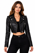 Women’s Black Faux Leather Cropped Biker Jacket with Zippers in Pakistan