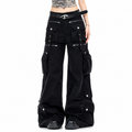 Black wide-leg cargo pants with multiple utility pockets, silver-tone hardware, and a matching black belt, shown on a model against a white background.