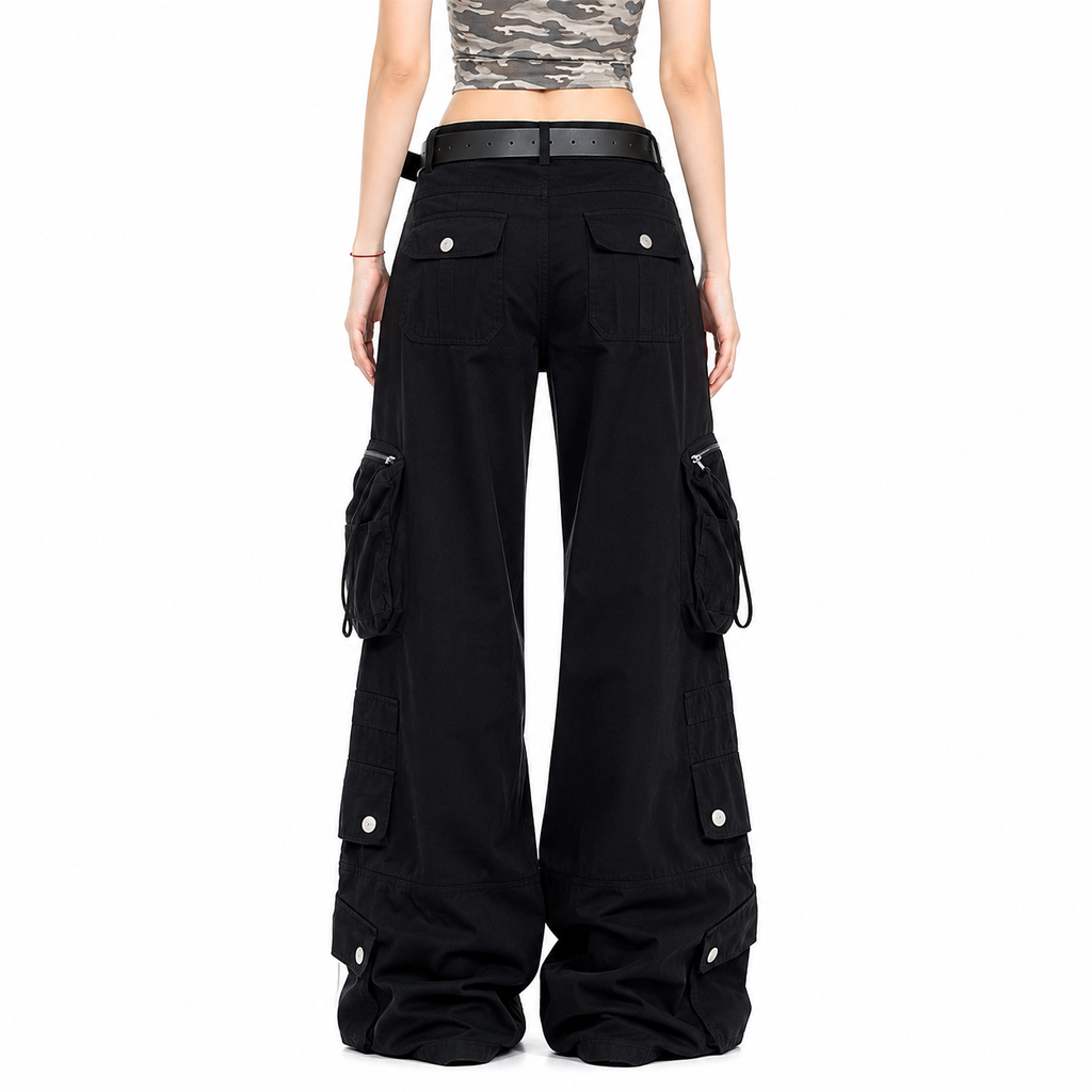 Black wide-leg cargo pants with multiple utility pockets and silver snap details, shown on a model from the back against a white background.